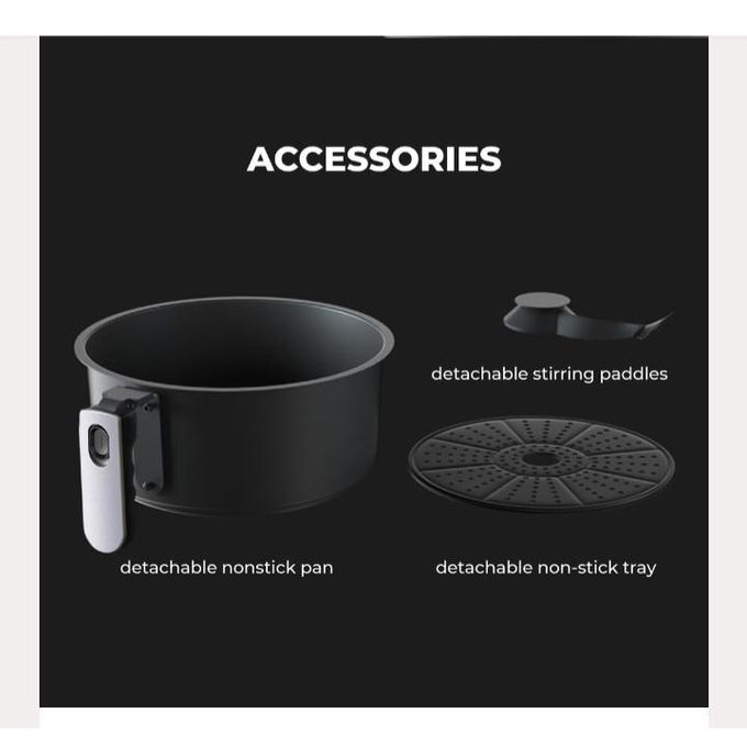 List of accessories including a detachable non-stick pan, stirring paddles, and a non-stick tray on a black background.