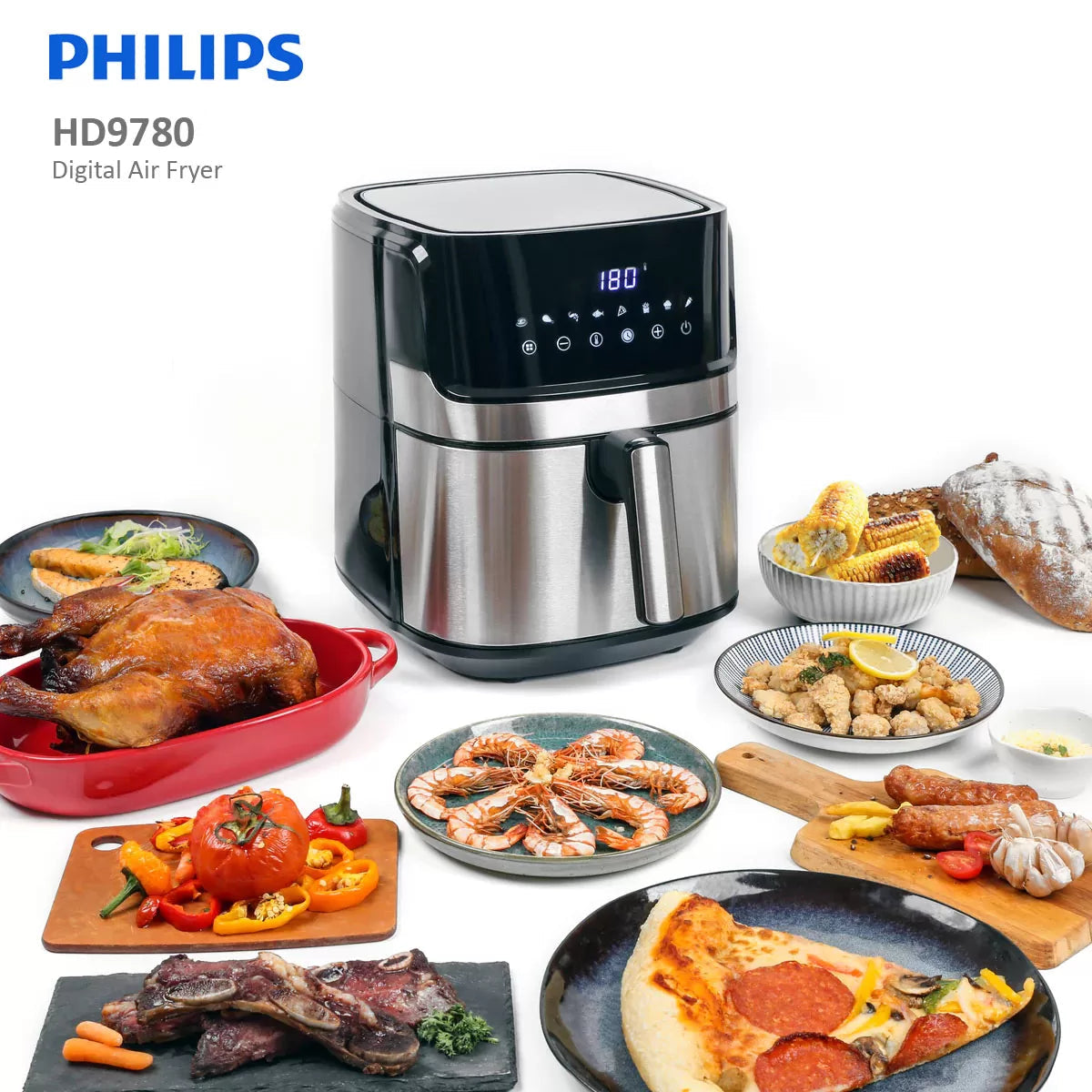 Philips digital air fryer with various cooked foods displayed around it on a white background