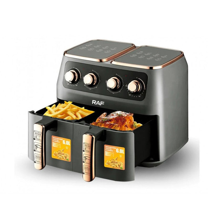 RAF 6L + 6L Air Fryer Black air fryer with food items inside