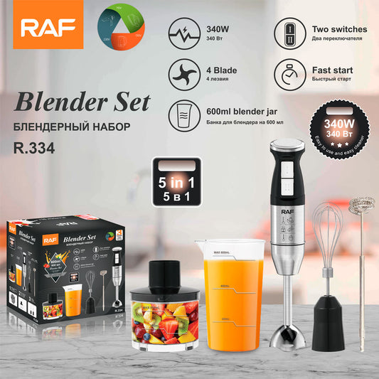 RAF blender set with packaging, blender jar, and attachments on a wooden surface.