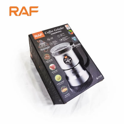 RAF coffee grinder packaging on a white background