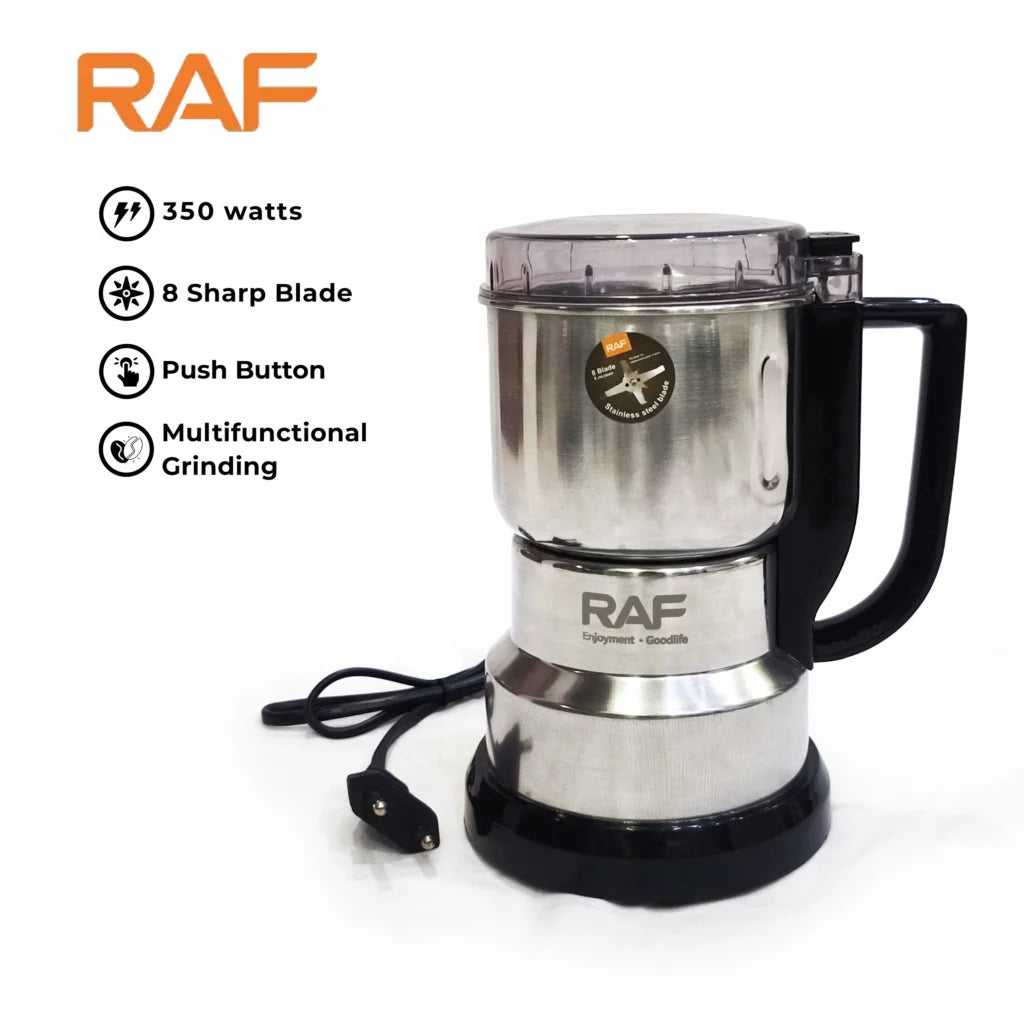 RAF coffee grinder with features listed on a white background