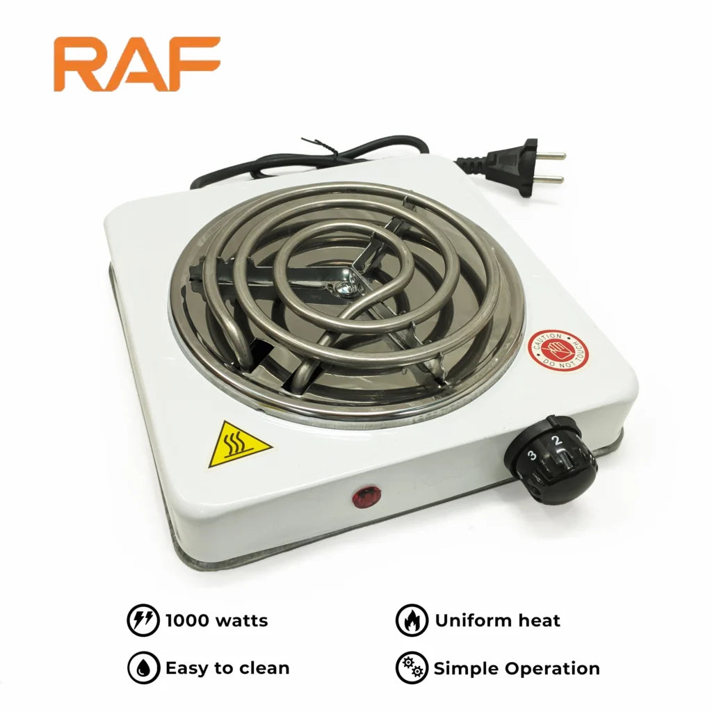 RAF electric hot plate with coil heating element on a white background