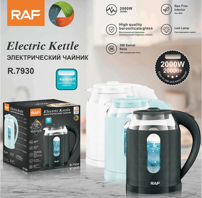 RAF electric kettle with packaging on a marble surface