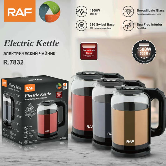 RAF electric kettle with packaging on a marble surface