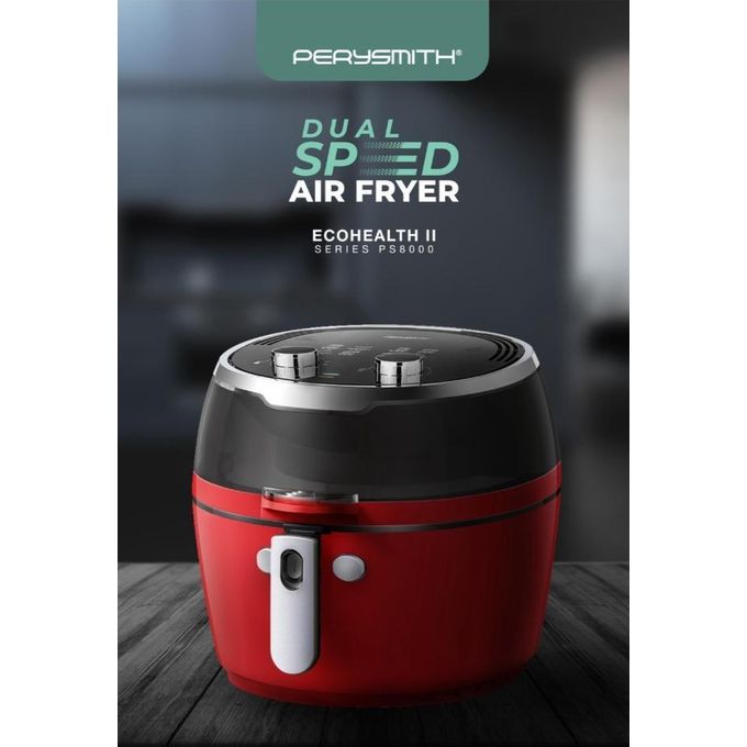 Red and black air fryer with 'Perrysmith' branding on a blurred background