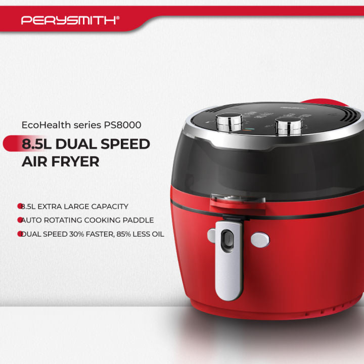 Red and black air fryer with Perysmith branding on a white background