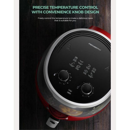 Red and black food processor with temperature control knobs on a wooden surface