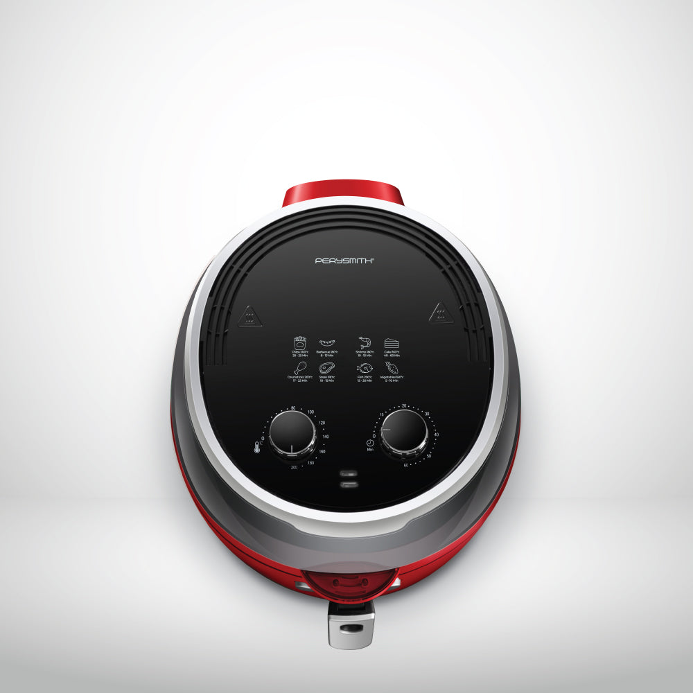 Red and silver appliance with digital display on a white background