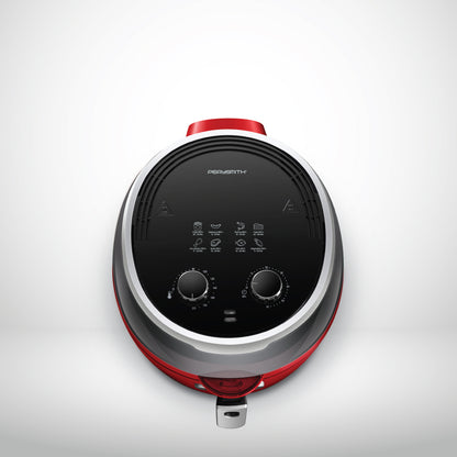 Red and silver appliance with digital display on a white background