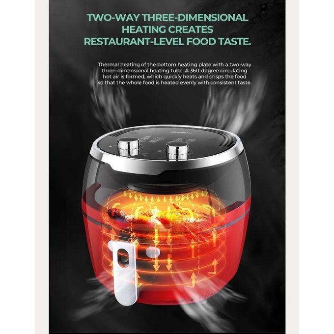 Red food heater with internal heating elements and text about two-way three-dimensional heating.