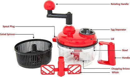 Red kitchen chopper with labeled parts