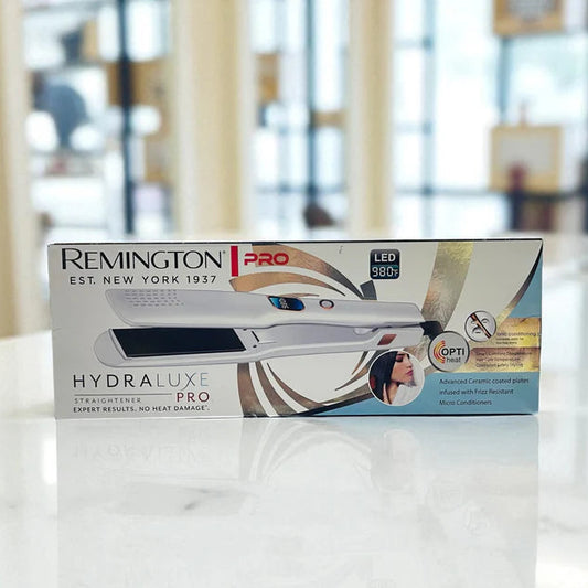 Remington Pro hair straightener packaging on a white surface with blurred background