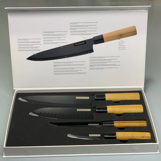 Set of knives with wooden handles in a display box on a gray background
