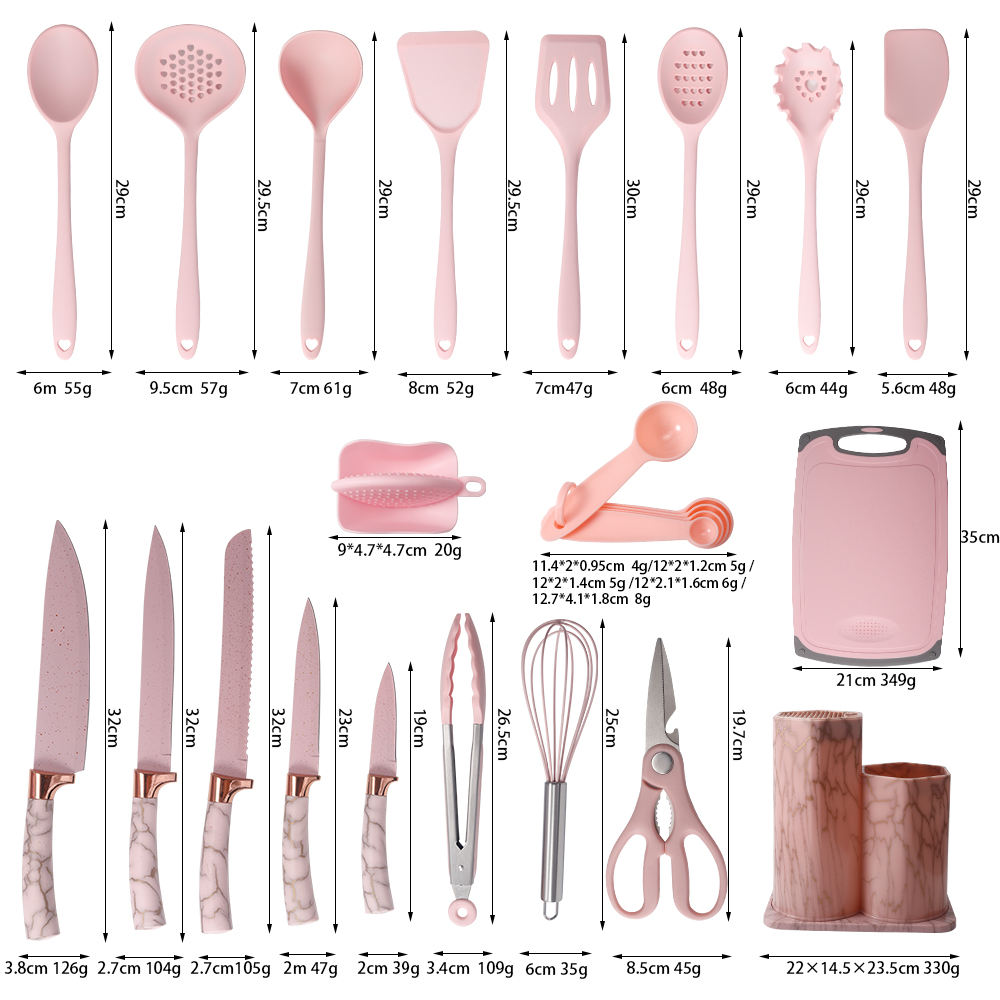 Set of pink kitchen utensils with measurements