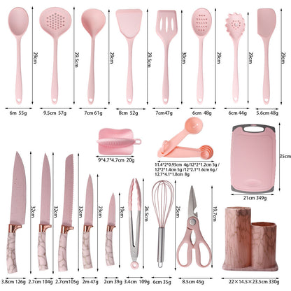 Set of pink kitchen utensils with measurements