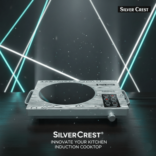 SilverCrest induction cooktop with futuristic design elements on a dark background