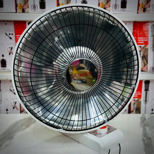Small electric fan with 'A-Max' branding on a white surface.