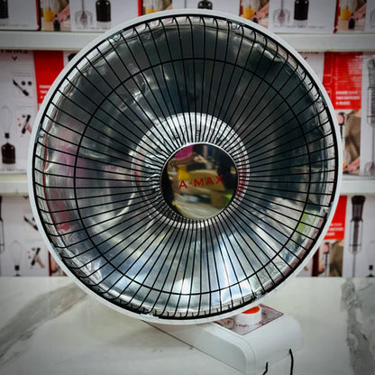 Small electric fan with 'A-Max' branding on a white surface.