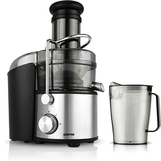 Stainless steel and black Geepas juicer with a clear pitcher