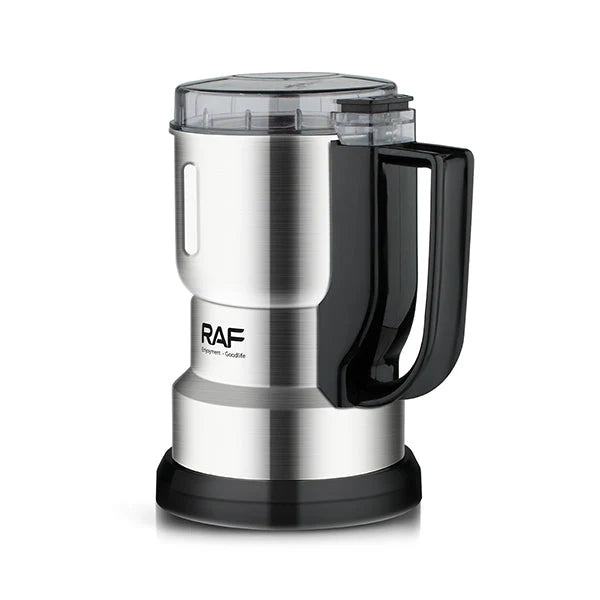 Stainless steel coffee grinder with black handle on a white background