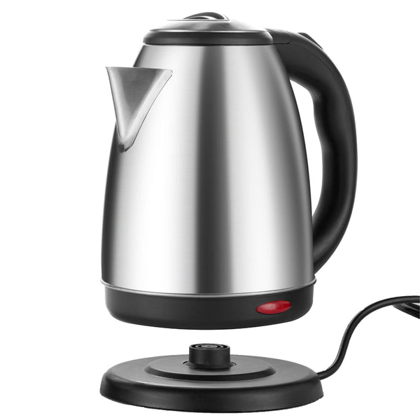 Stainless steel electric kettle with black handle on a white background