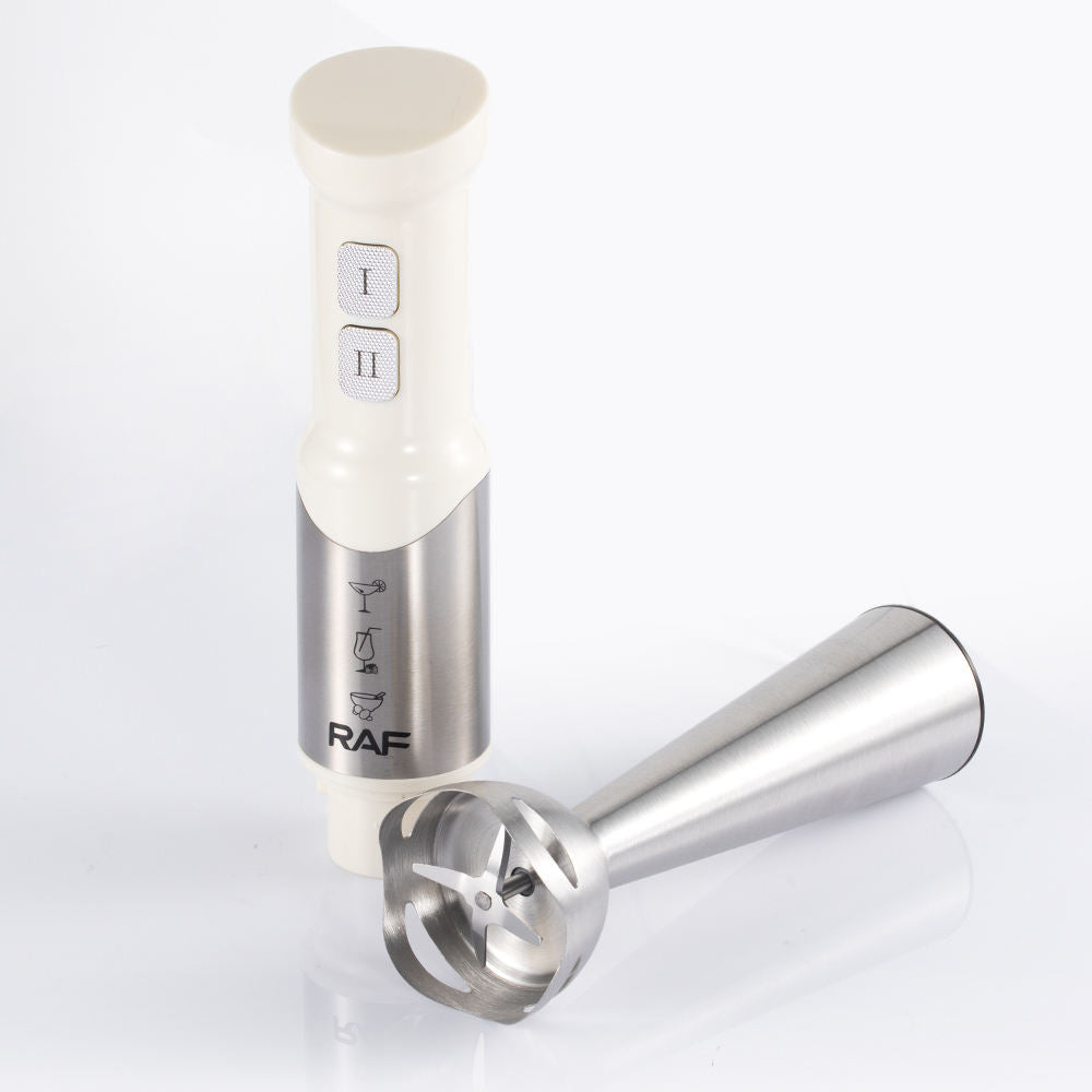 Stainless steel handheld mixer with white handle
