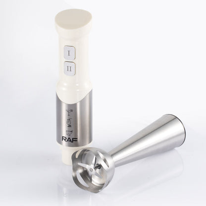Stainless steel handheld mixer with white handle