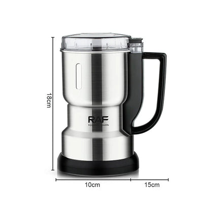 Stainless steel mug with black handle and RAF logo, shown with dimensions on a white background.