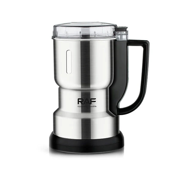 Stainless steel mug with black handle on a white background