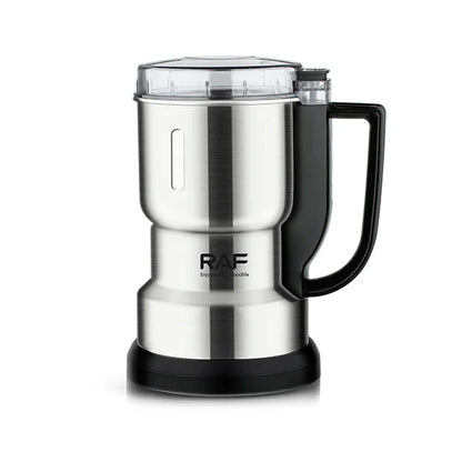 Stainless steel mug with black handle on a white background