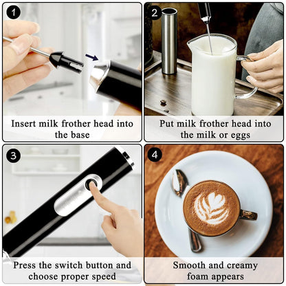 Step-by-step guide on using a milk frother for making latte art.