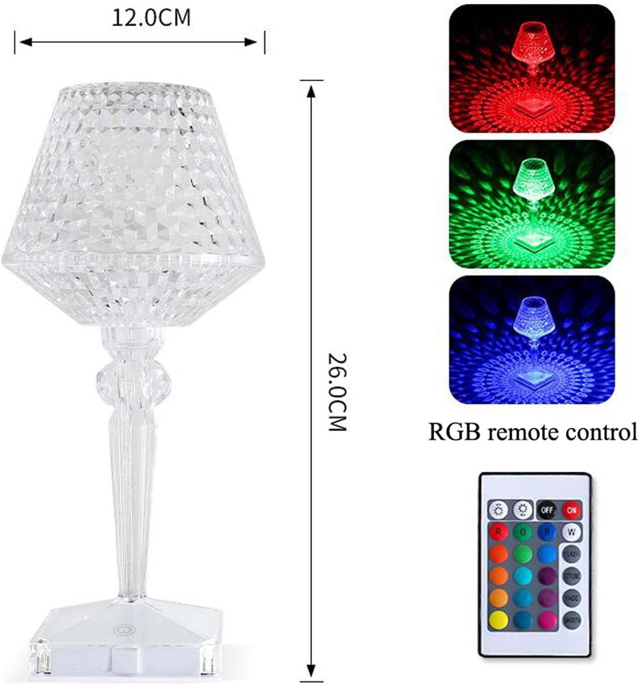 Transparent table lamp with RGB color changing lights and remote control