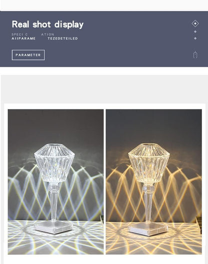 Two diamond-shaped lamps on a reflective surface with a geometric patterned background