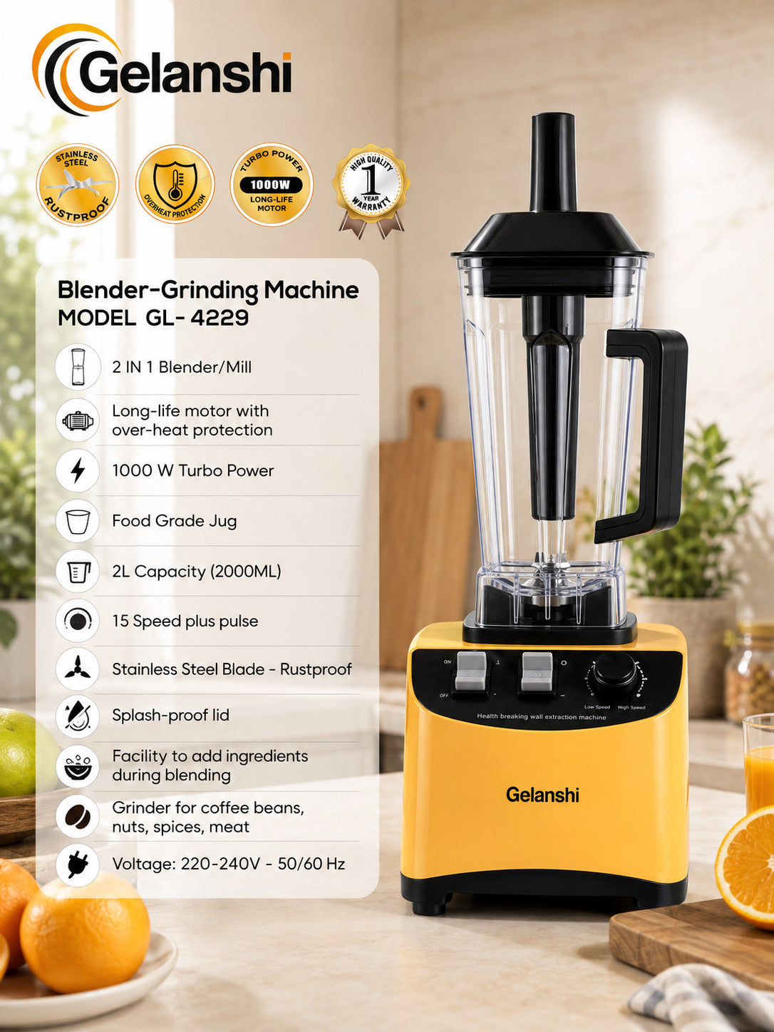 Gelanshi GL-4229 2-in-1 Blender & Grinder | 1000W Turbo Power