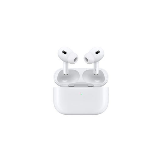 White wireless earbuds with charging case on a white background