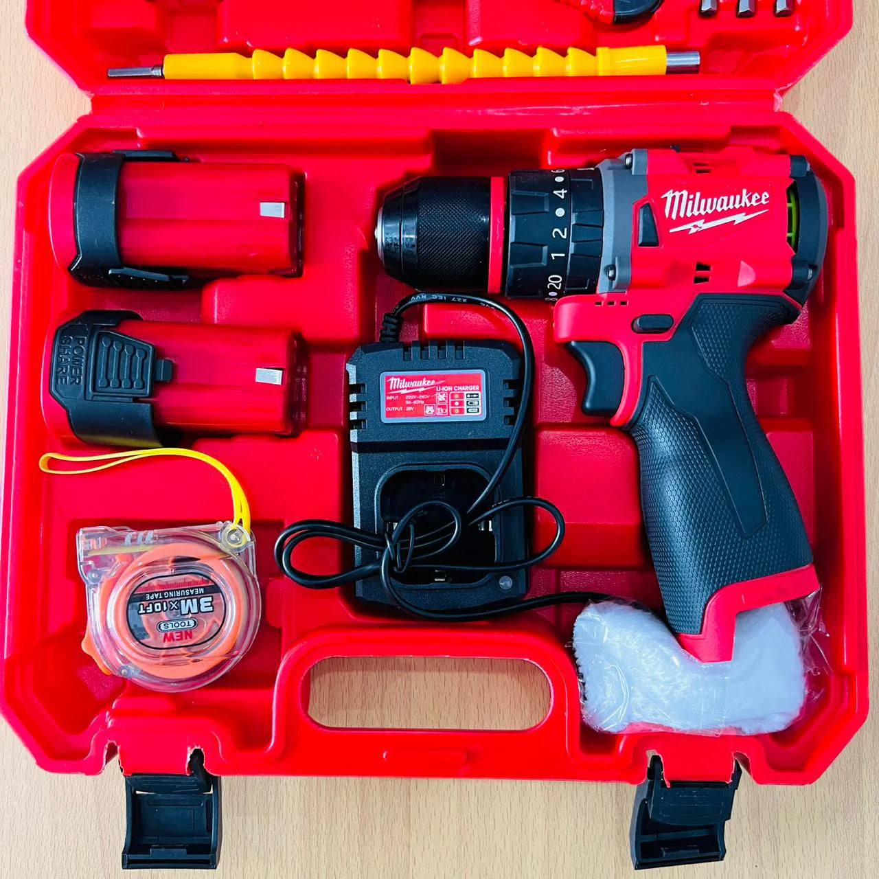 Milwaukee Cordless Drill Machine Set – 2 Batteries, Charger &amp; 32pcs Tool Kit
