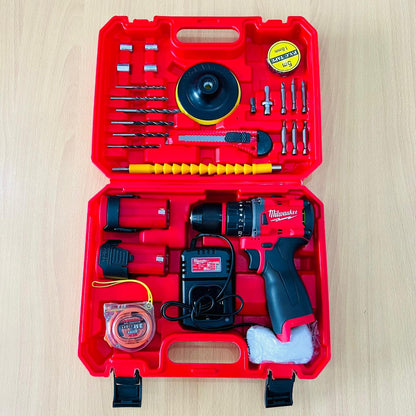 Milwaukee Cordless Drill Machine Set – 2 Batteries, Charger &amp; 32pcs Tool Kit